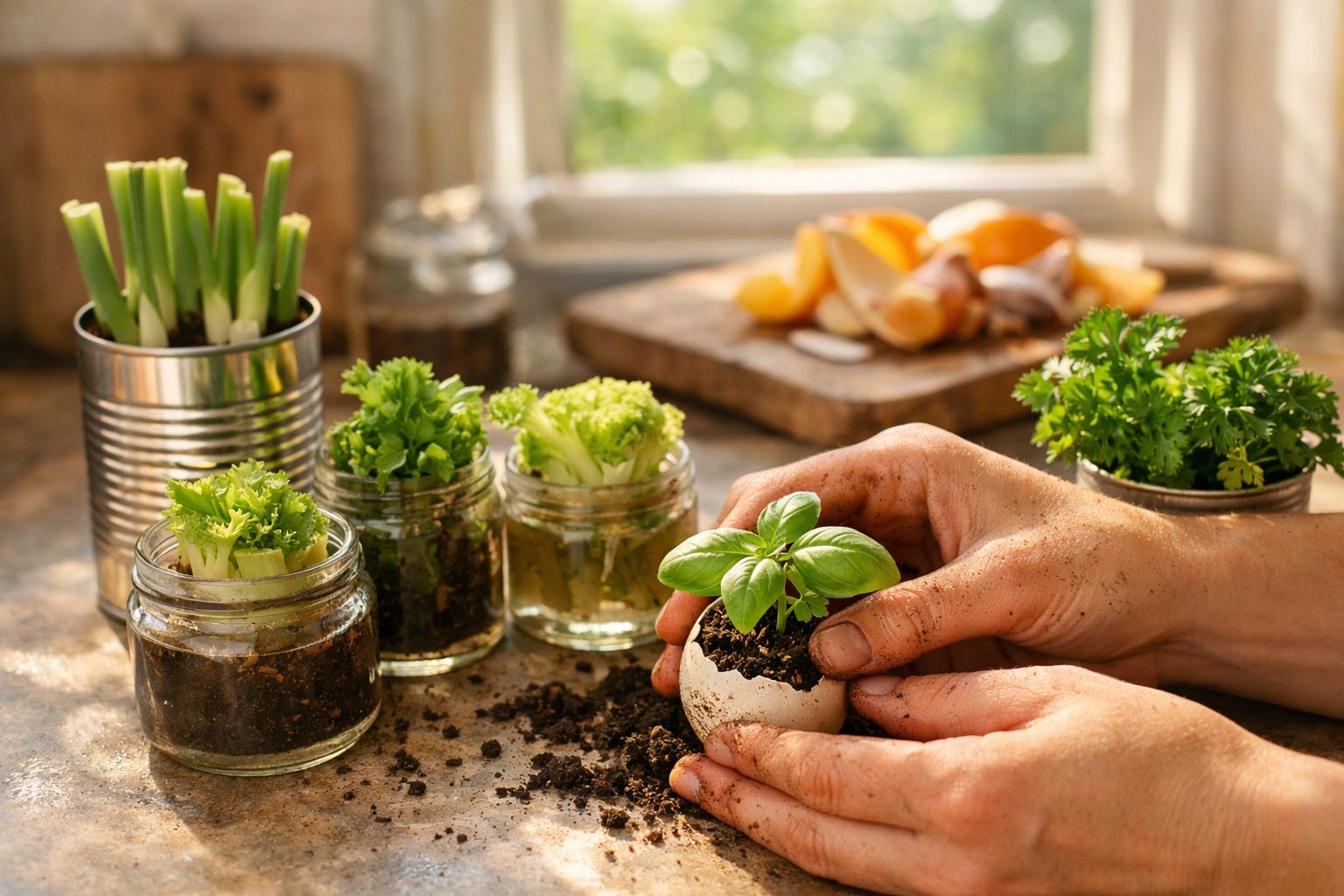 Mãos plantando erva em casca de ovo, com vasos de vidro e latas com temperos e cebolinhas na bancada.