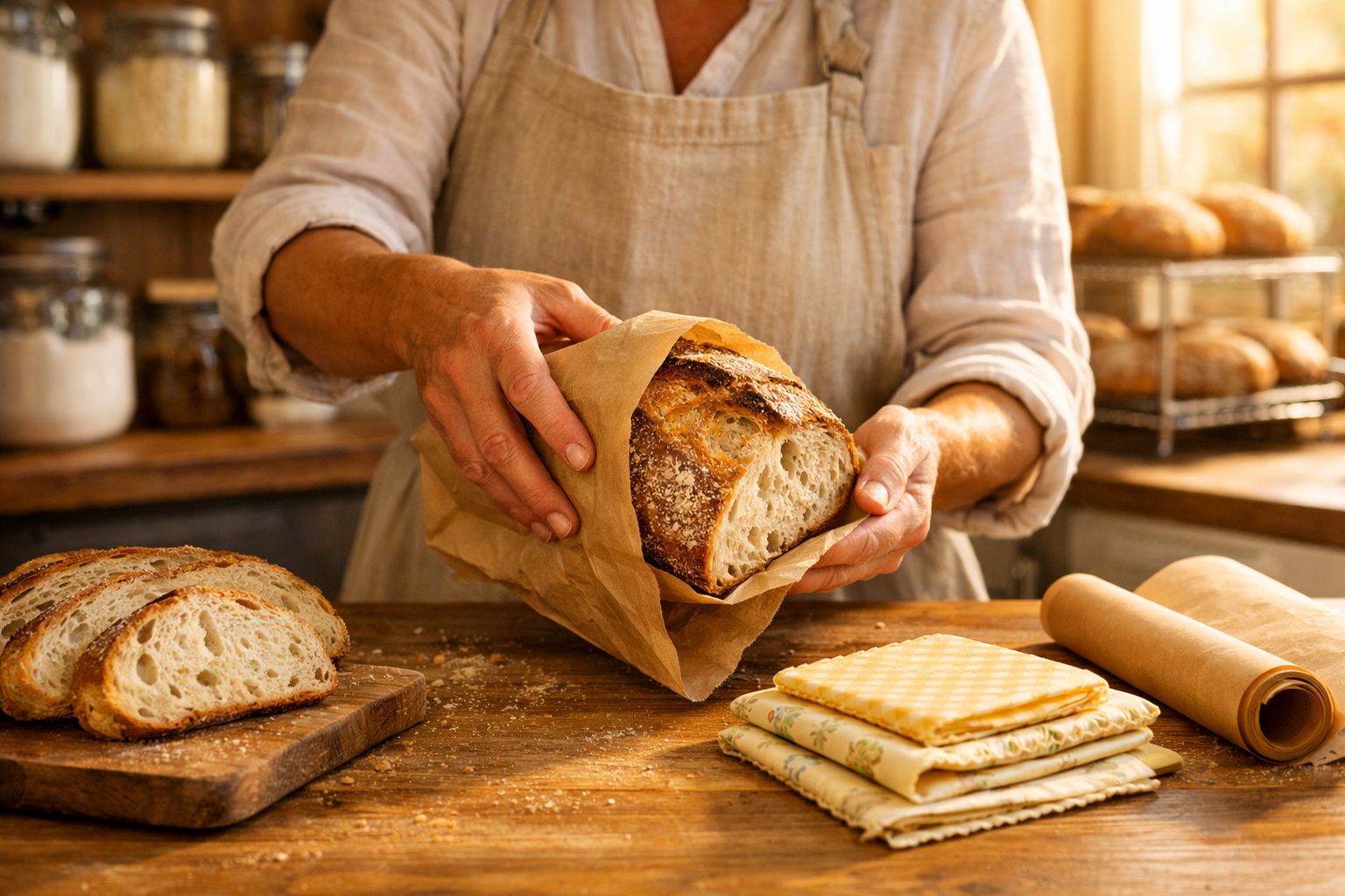 Pessoa embrulhando pão artesanal em saco de papel em cozinha rústica com fatias de pão e utensílios.