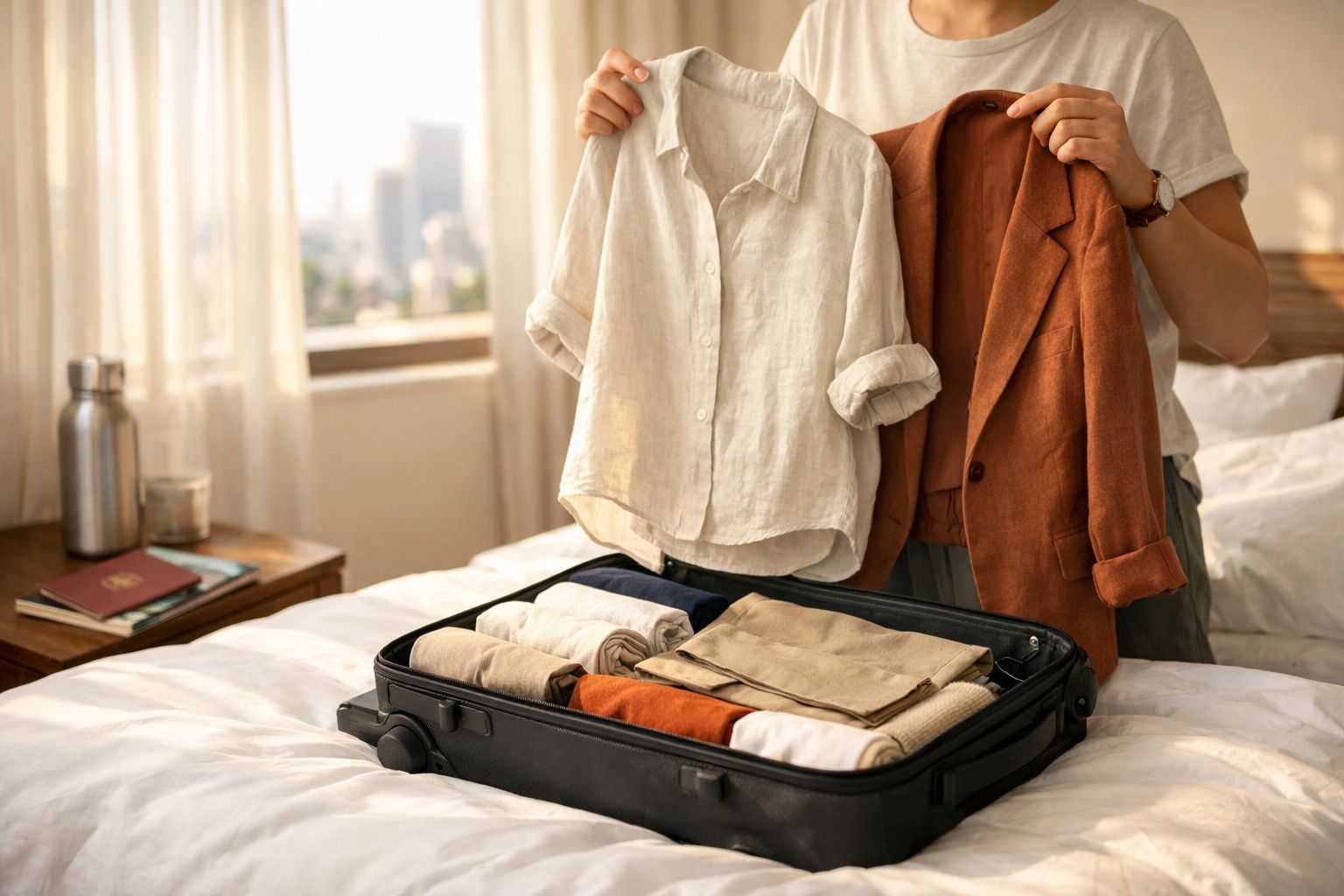 Pessoa segurando camisa clara e casaco marrom sobre mala aberta com roupas organizadas em cama.