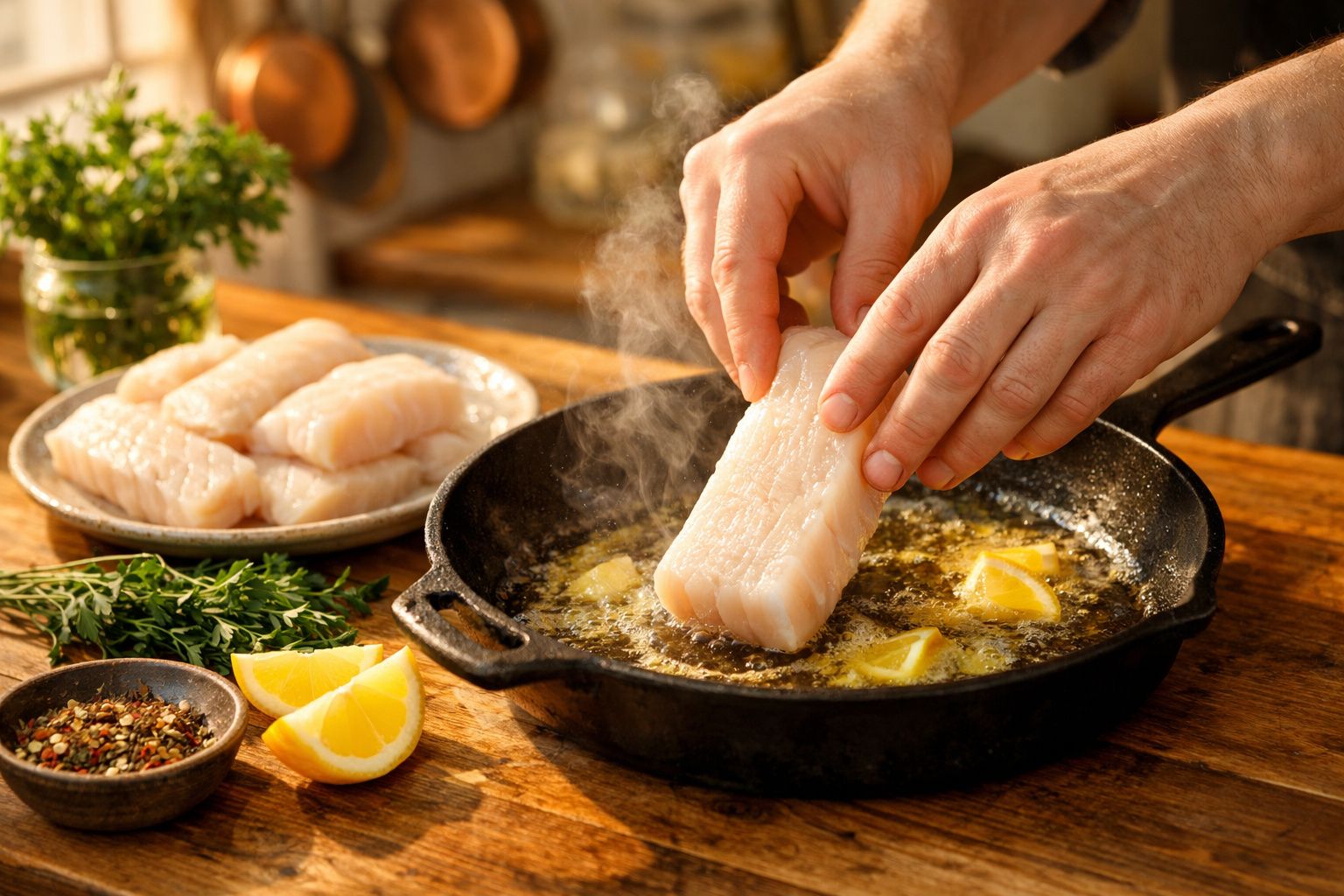 Mãos colocando filé de peixe em frigideira com manteiga e limão, ao lado de temperos e ervas frescas.