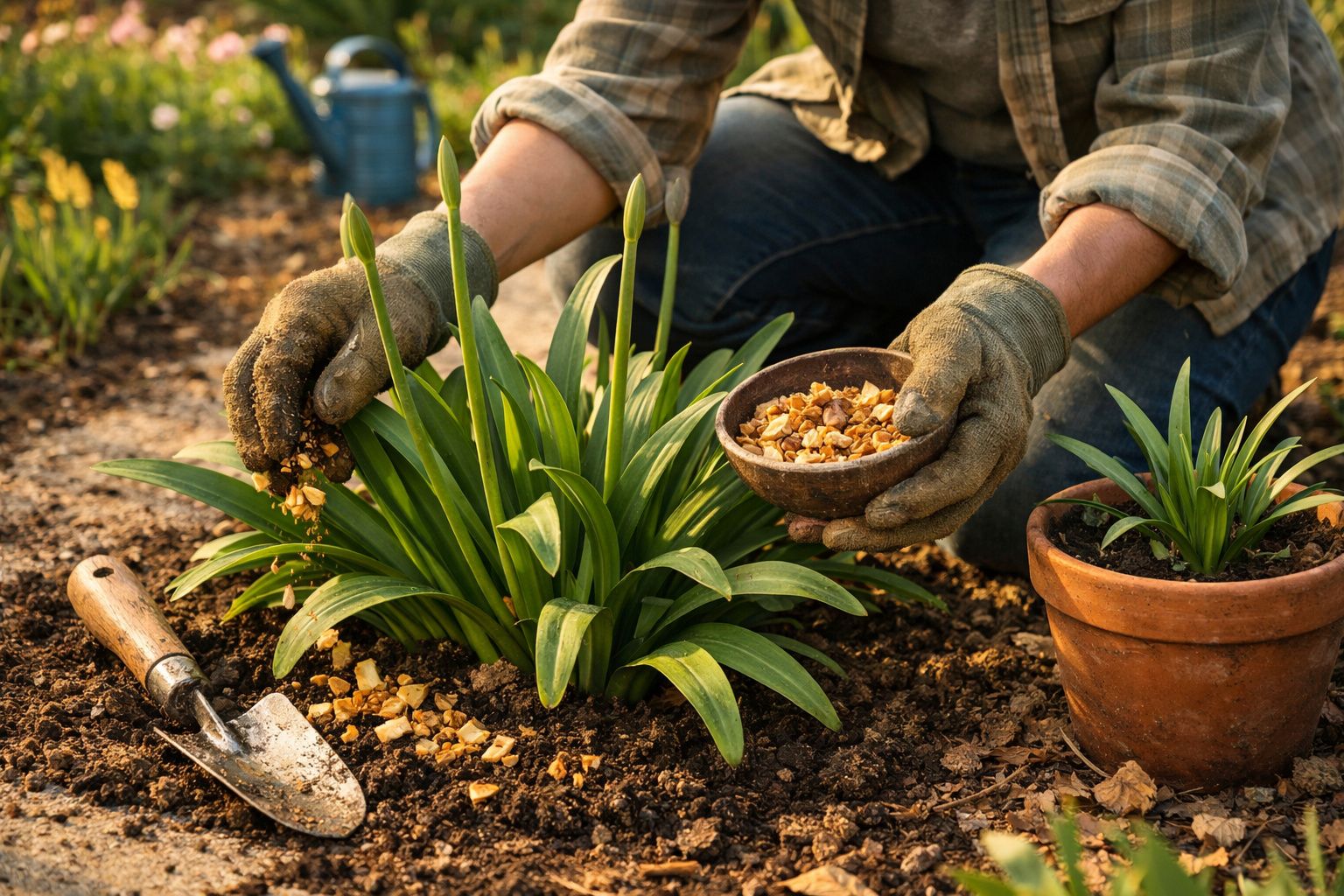 Pessoa com luvas aplicando fertilizante em planta com folhas verdes em jardim ao ar livre.