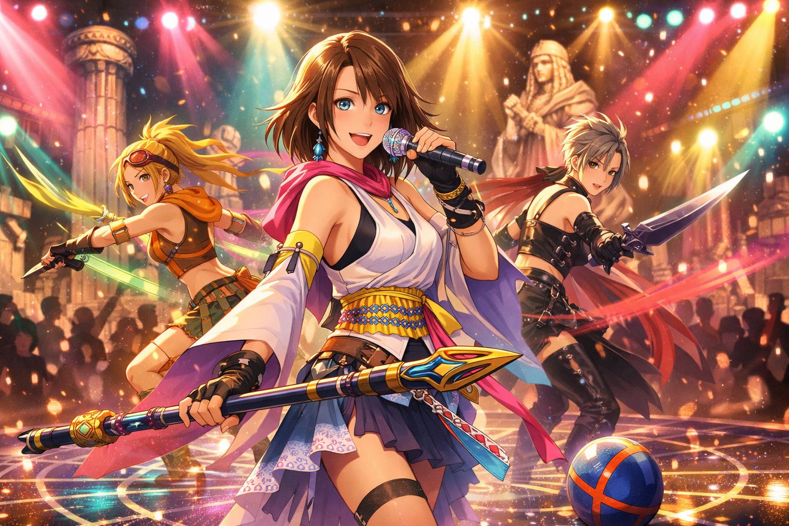 Três personagens anime em palco vibrante, sendo a do meio uma cantora com microfone e cajado colorido.