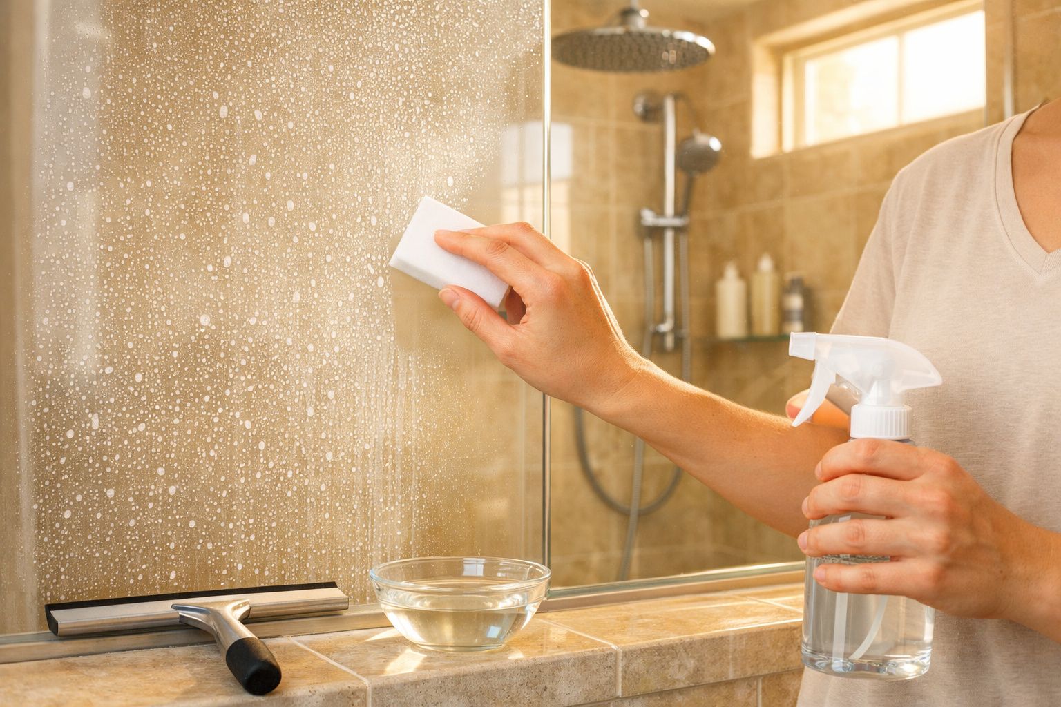 Pessoa limpando espelho de banheiro com esponja branca e borrifador transparente.