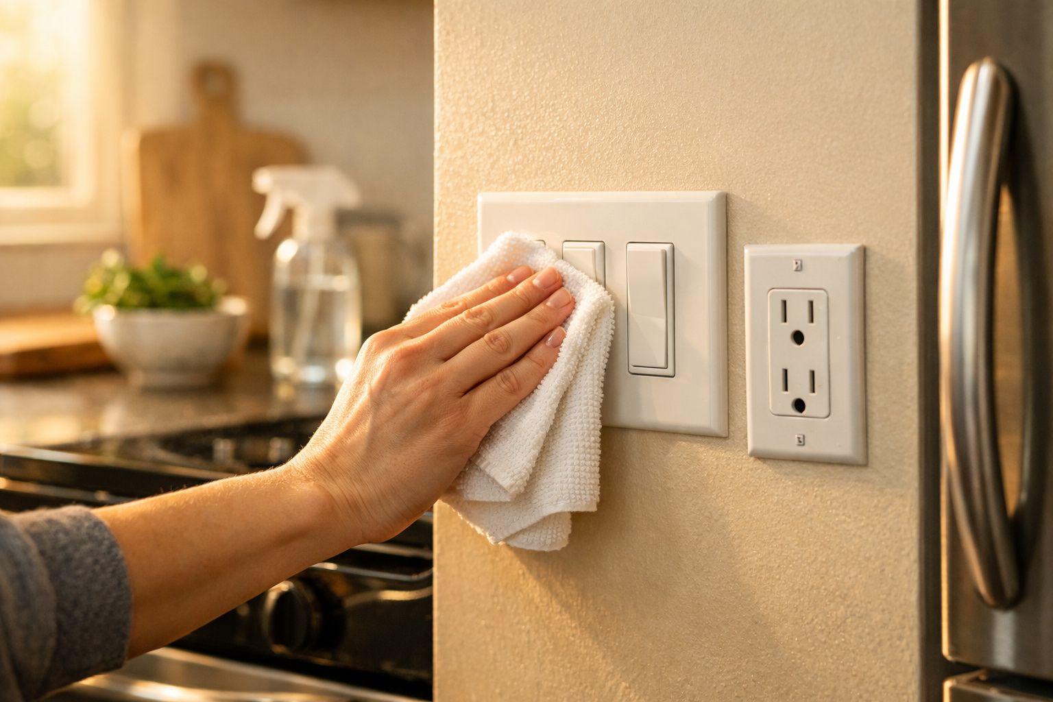 Mão limpando interruptores de luz com pano branco em cozinha iluminada.