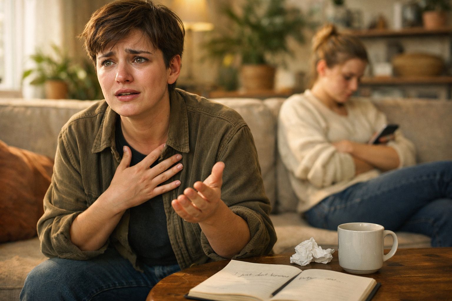 Mulher chateada falando gesticulando com outra pessoa de costas no sofá, ambiente interno.