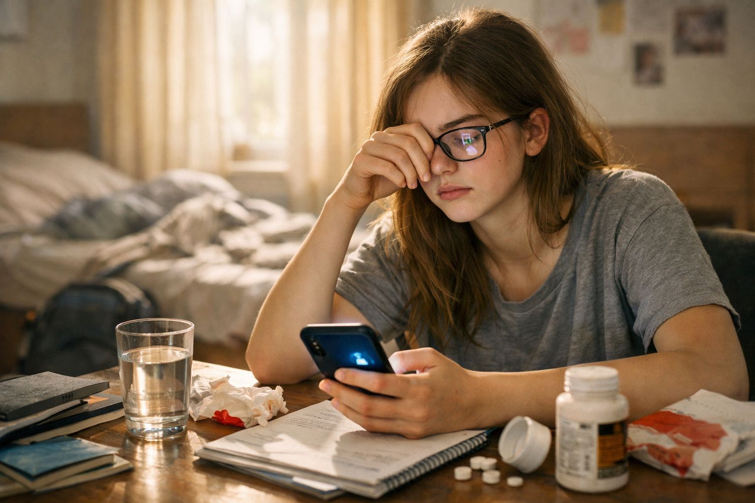 Jovem com expressão cansada usa celular sentada em mesa com remédios, copo d'água e cadernos em quarto desarrumado.