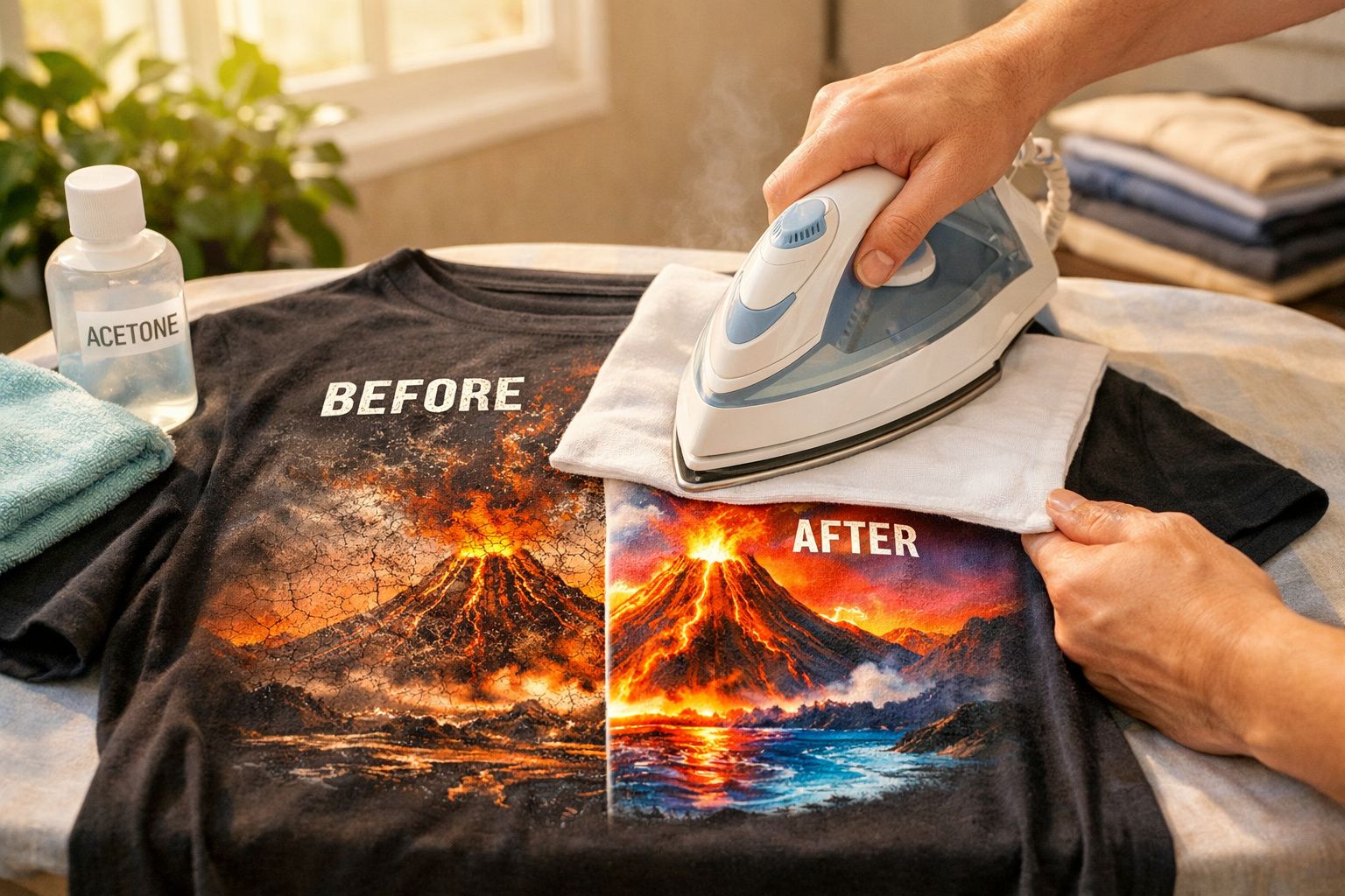 Mãos passando ferro em camiseta com estampa de vulcão antes e depois da aplicação do ferro a vapor.