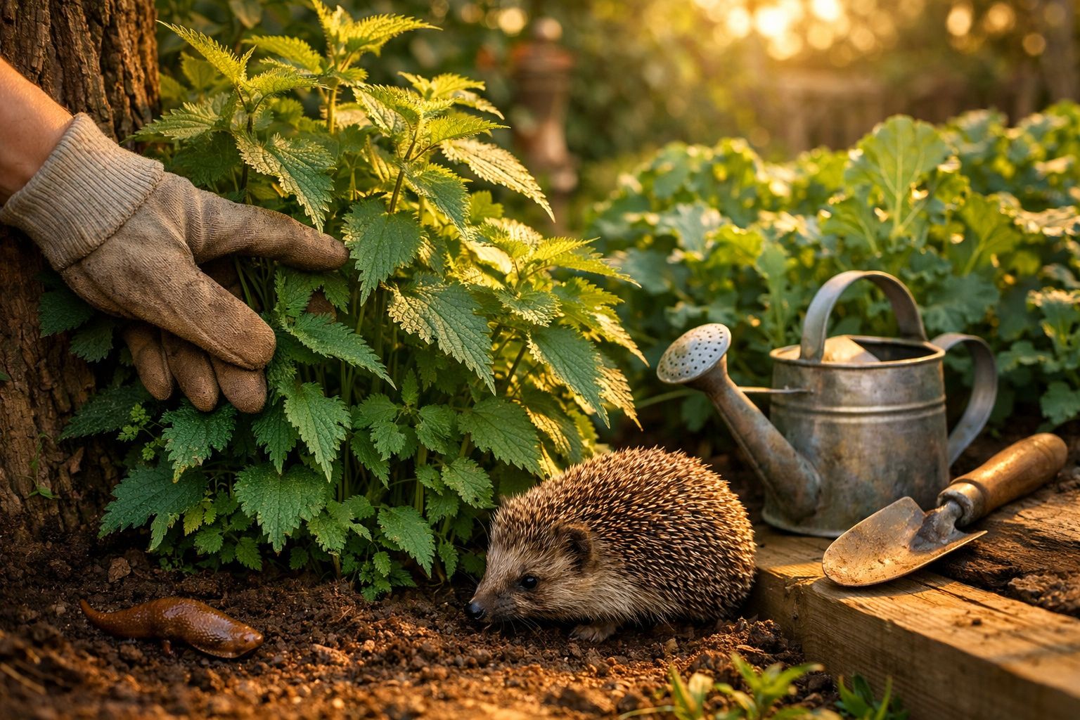 Mão com luva segura planta perto de ouriço, regador e pá em jardim ao entardecer.