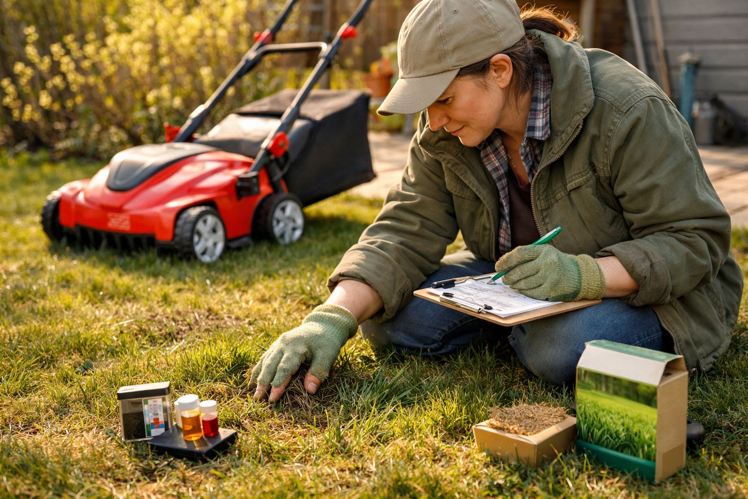 Mulher de roupa verde testando a qualidade do solo do jardim com instrumentos e anotando dados.