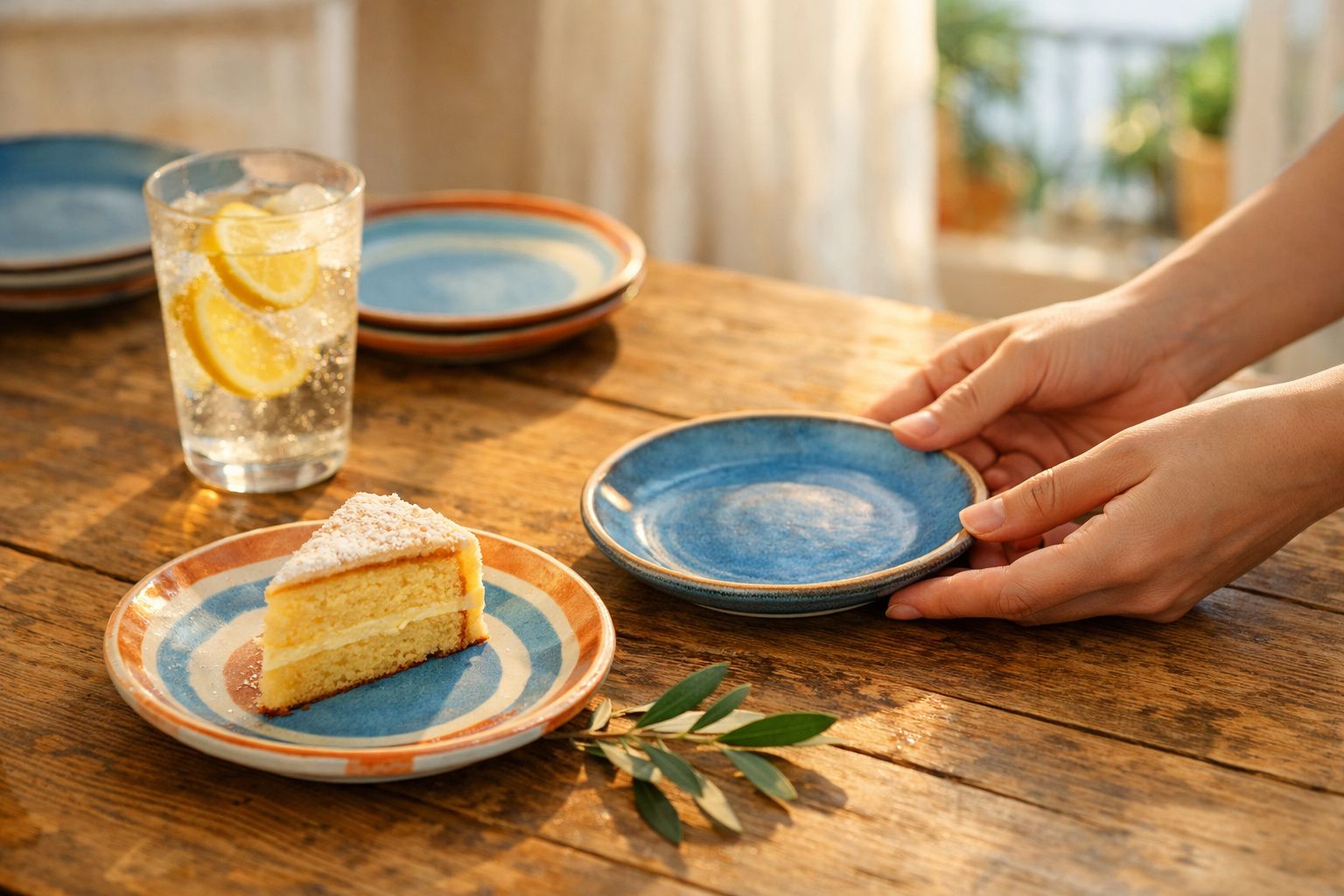 Mãos segurando prato azul ao lado de fatia de bolo e copo de água com limão sobre mesa de madeira.