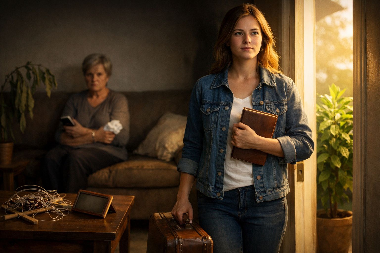 Jovem segurando mala e livro sai da sala enquanto mulher idosa observa sentada no sofá.