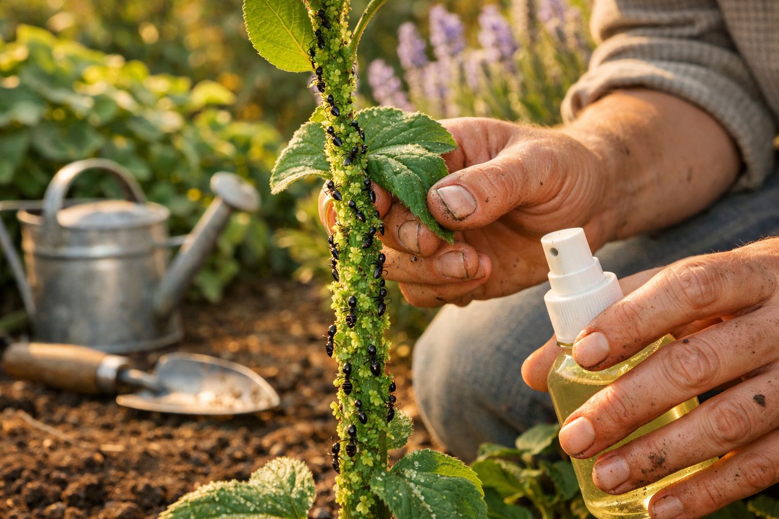 Mãos de pessoa aplicando inseticida em planta infestada por muitas formigas no jardim.
