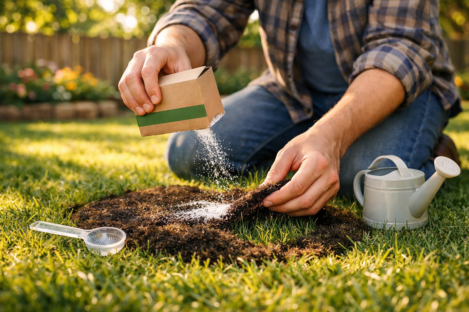 Pessoa espalhando fertilizante em solo de jardim com regador e peneira ao lado, na grama.
