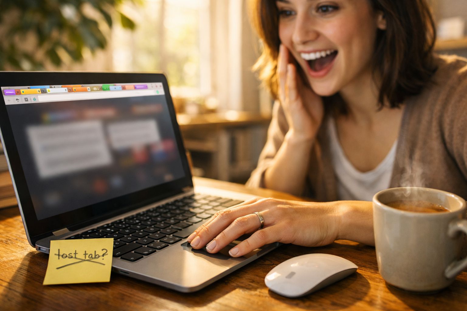 Mulher sorrindo usa laptop com nota adesiva "lost tab?" e xícara com bebida quente ao lado.