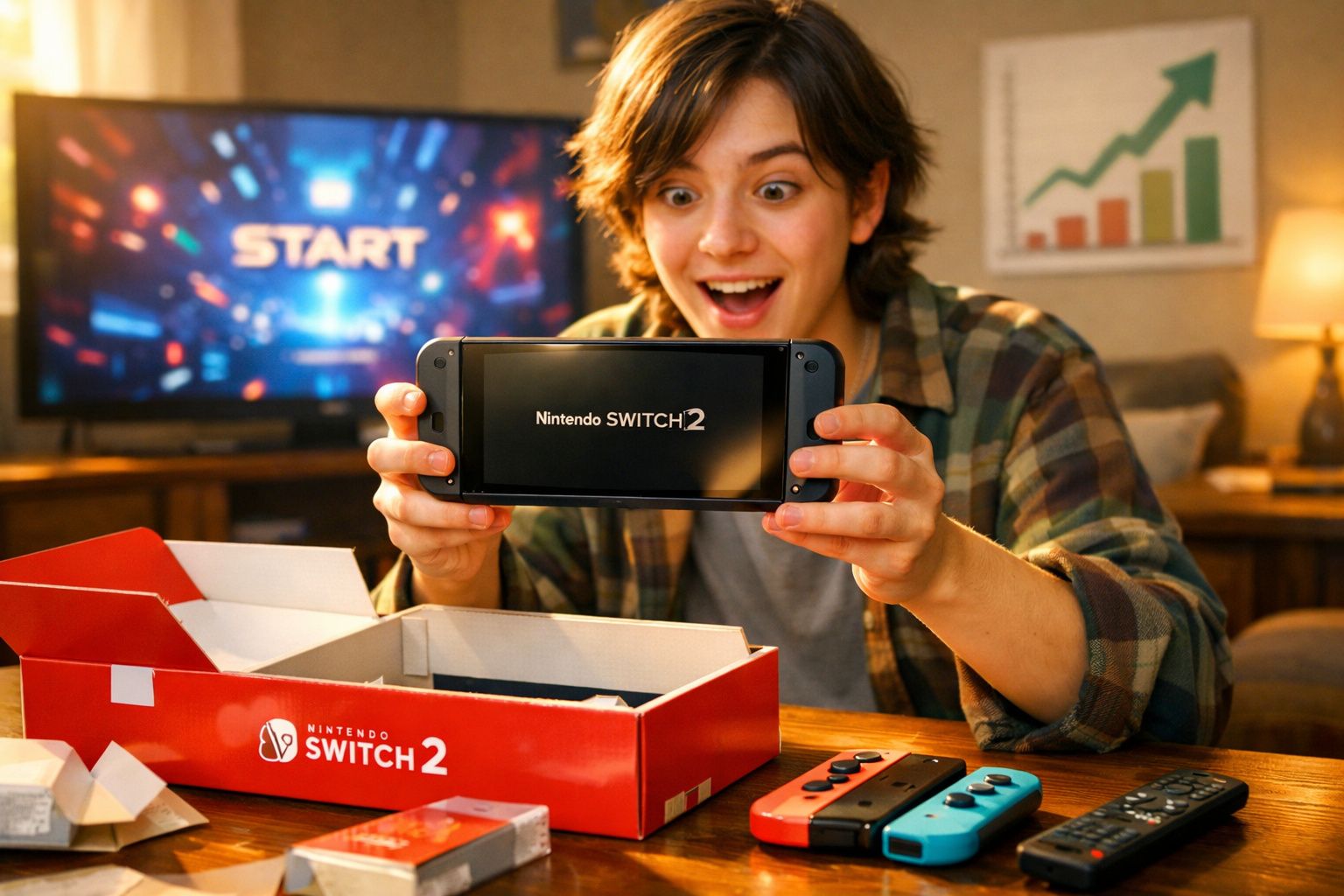 Pessoa animada segurando videogame Nintendo Switch 2 recém retirado da caixa vermelha em ambiente interno.