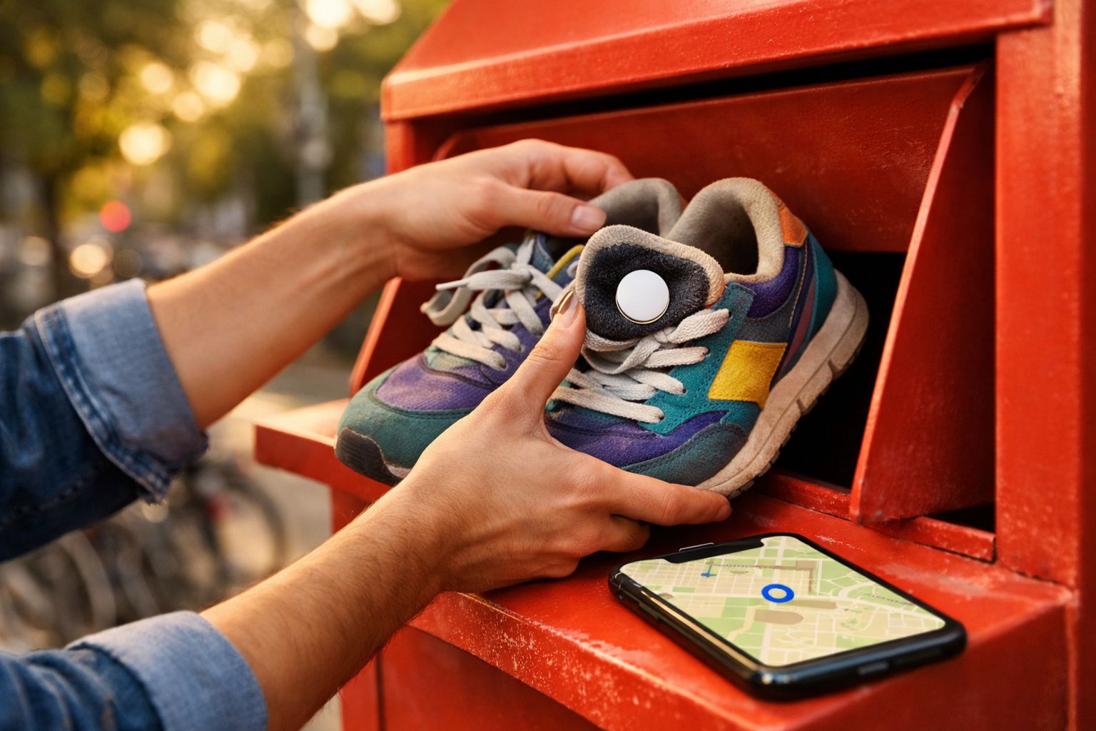 Mãos segurando um par de tênis infantis coloridos, com smartphone mostrando mapa ao lado.
