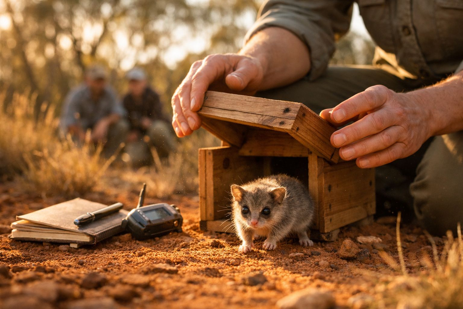 Animal pequeno saindo de uma caixa de madeira na terra com pessoas ao fundo e objetos ao lado.