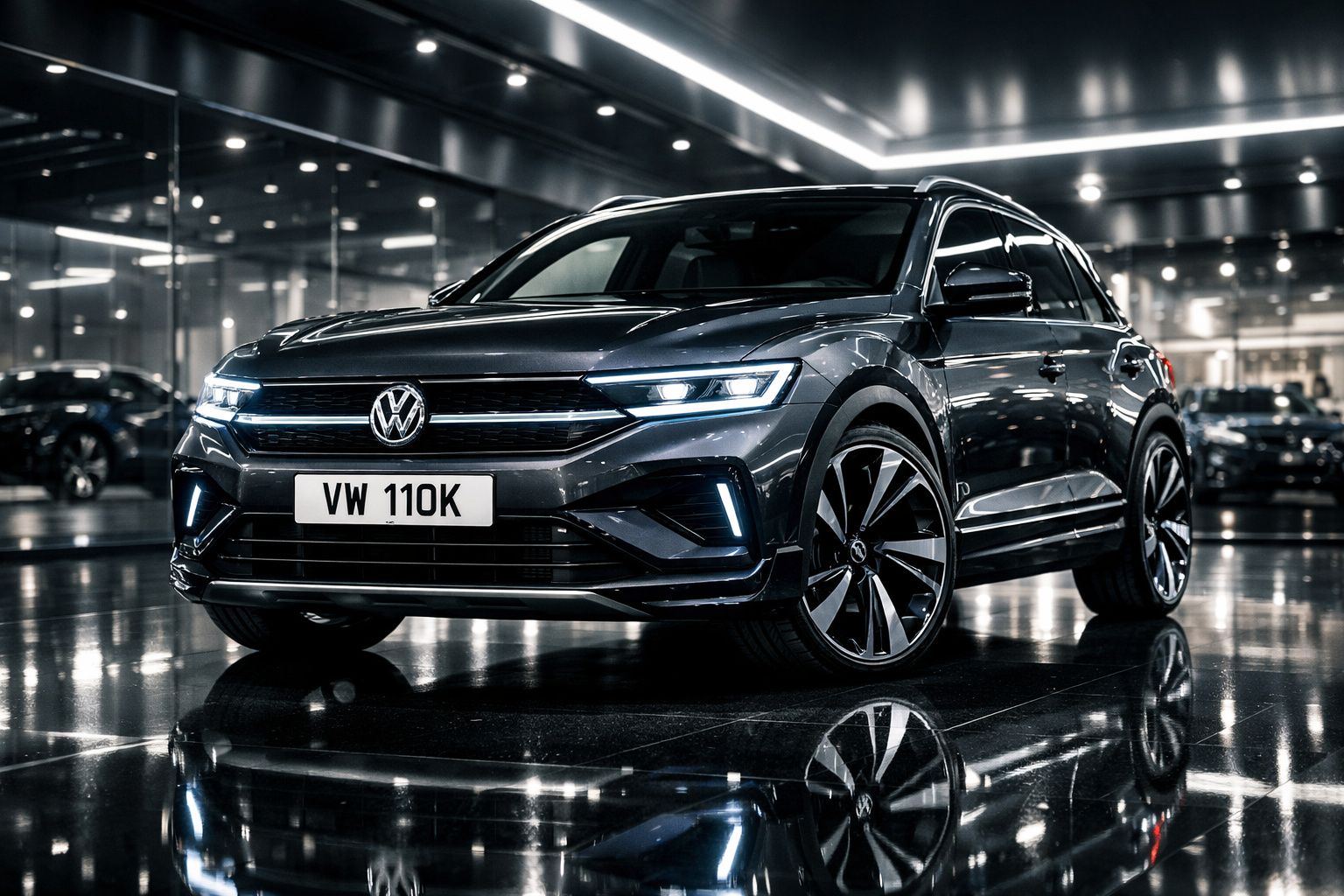 SUV Volkswagen cinza escuro estacionado em ambiente interno moderno com piso refletivo.