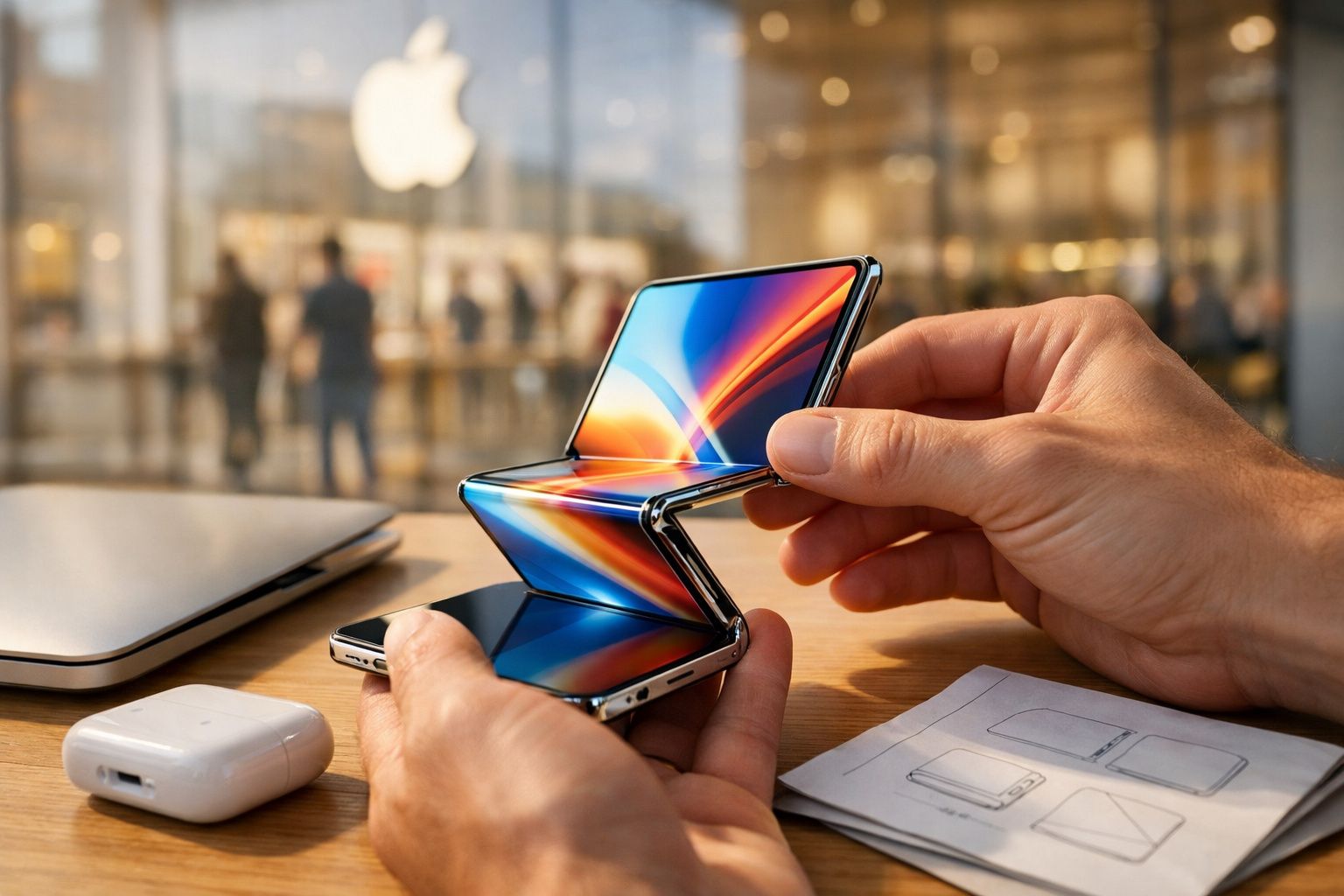 Pessoa segurando smartphone dobrável com tela colorida, sobre mesa com fones sem fio e laptop ao fundo.