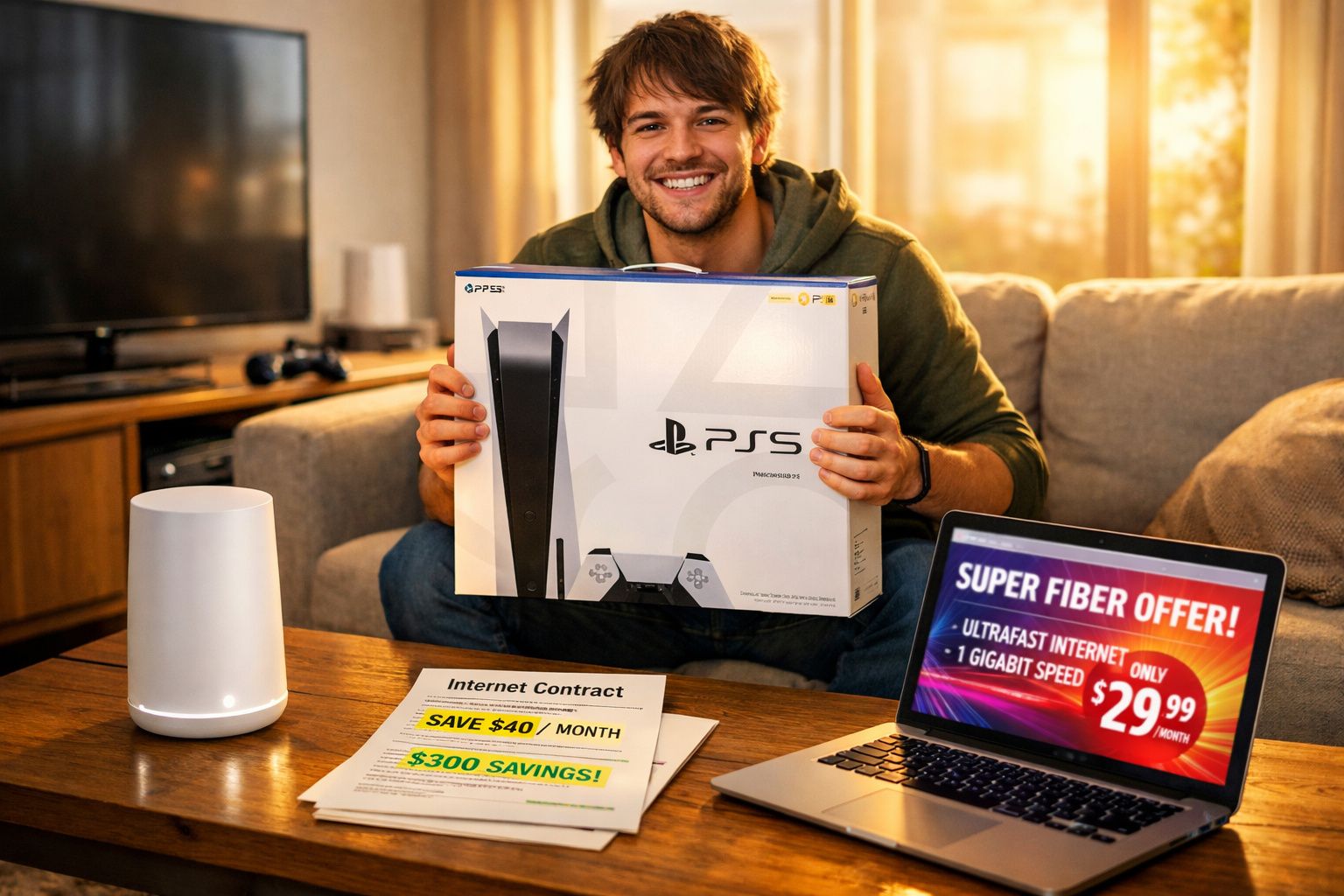 Homem sorridente segurando caixa de PlayStation 5 em sala iluminada, com laptop e papéis sobre internet na mesa.