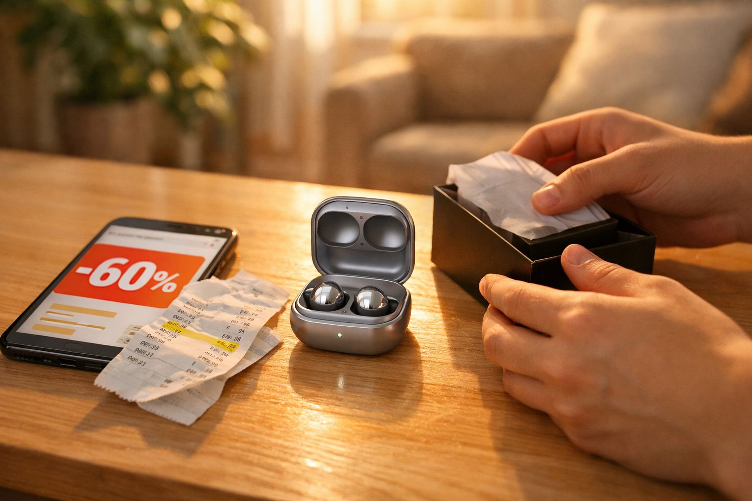 Fones de ouvido sem fio prateados em caixa aberta, celular com promoção 60% e mãos segurando embalagem para limpeza.