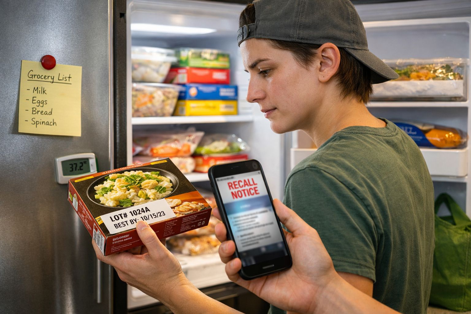 Pessoa verifica produto com aviso de recolhimento pelo celular perto de geladeira com lista de compras.