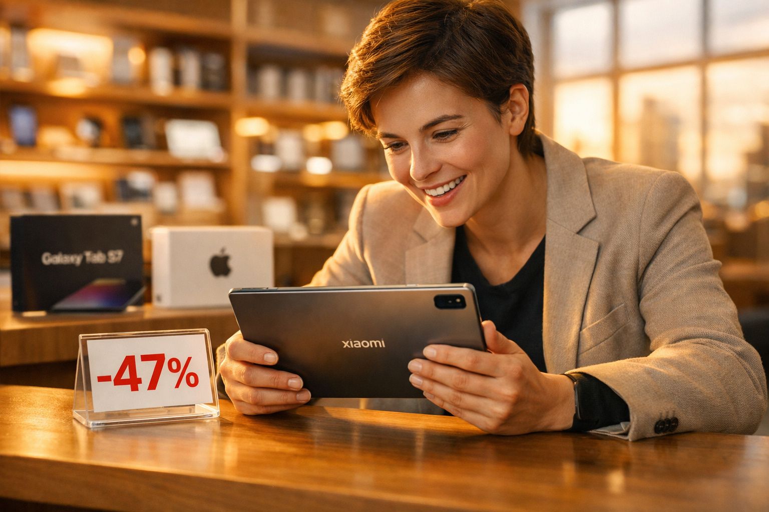 Mulher sorridente segurando tablet Xiaomi com placa de desconto de 47% em loja de eletrônicos.