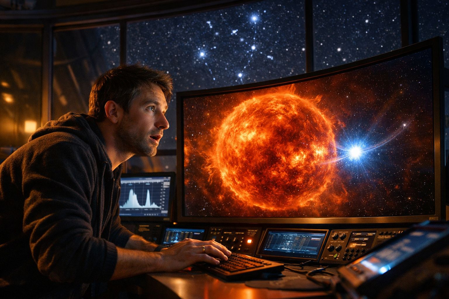Homem observando atentamente a imagem digital de uma estrela brilhante e um sol em uma tela em ambiente escuro.