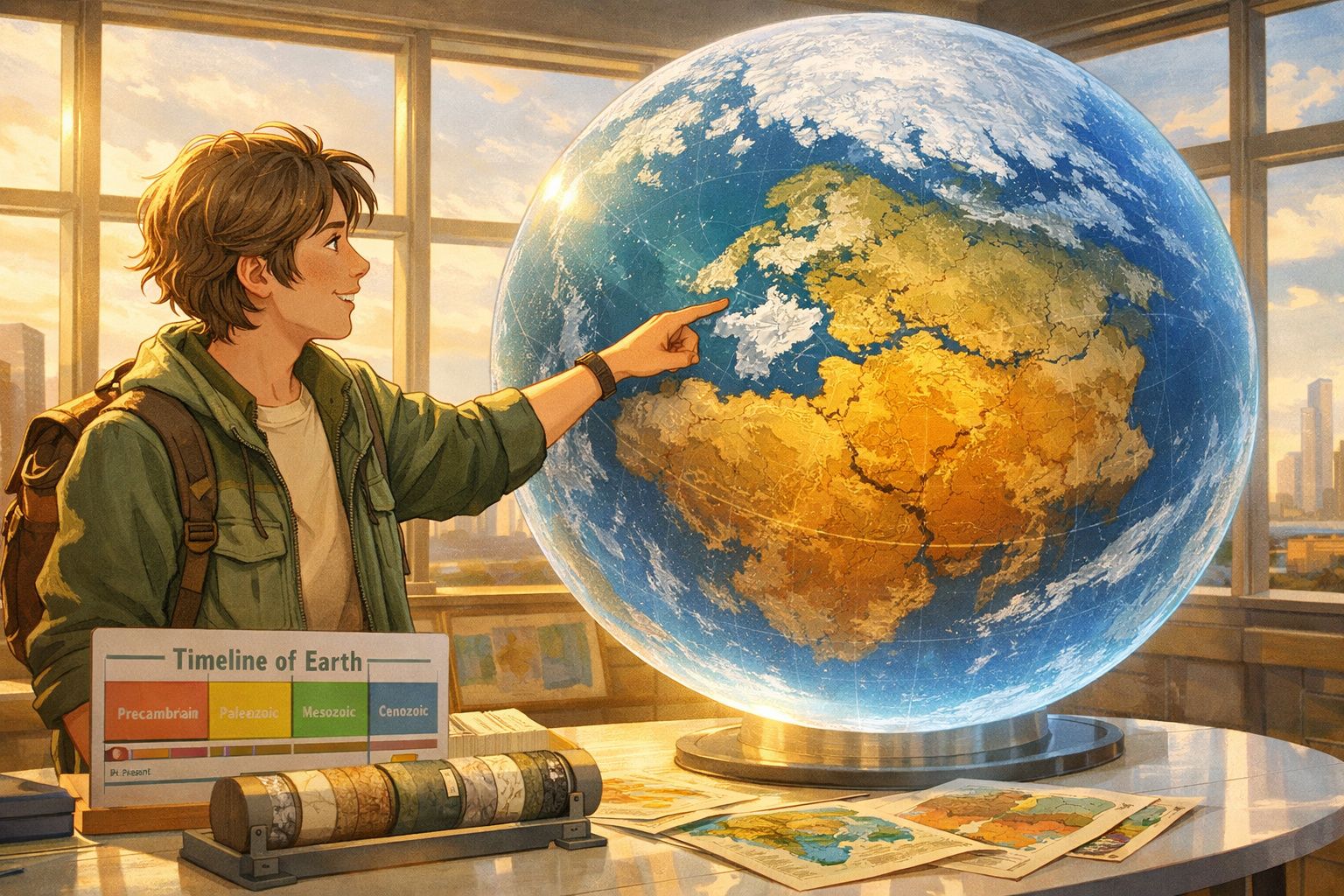 Pessoa com mochila apontando para globo terrestre em sala iluminada, ao lado de linha do tempo da Terra.
