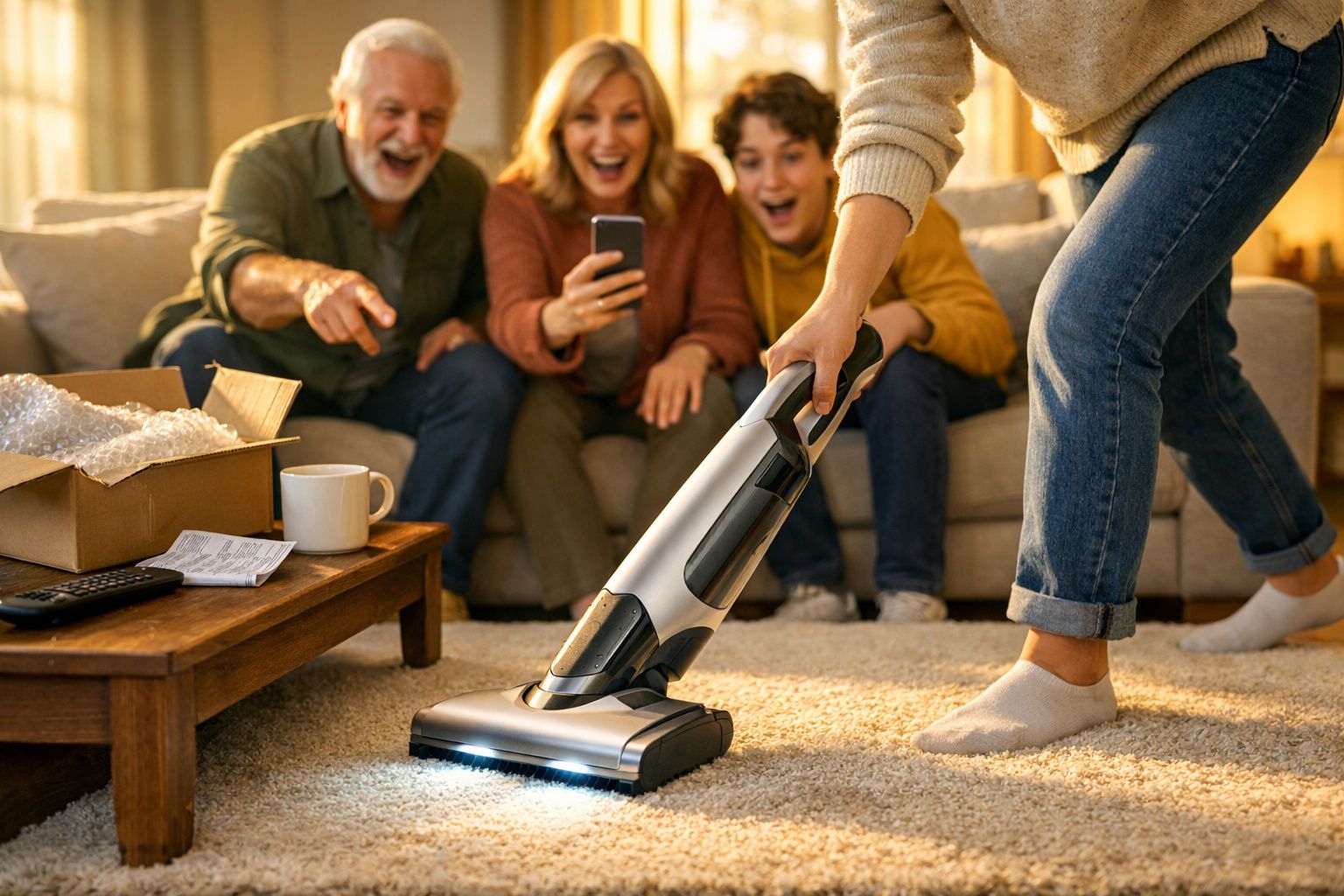 Pessoa aspirando tapete enquanto três pessoas felizes assistem sentadas no sofá.