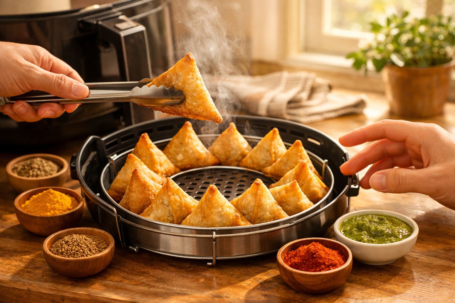 Samosas quentes na cesta de air fryer com molhos verdes e vermelhos ao redor sobre mesa de madeira.