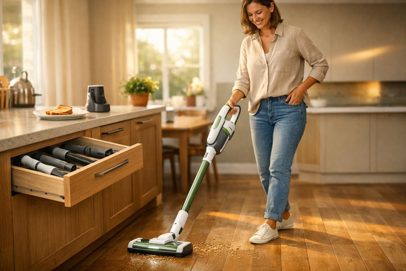 Mulher sorridente usando aspirador de pó portátil para limpar sujeira no chão de madeira da cozinha.