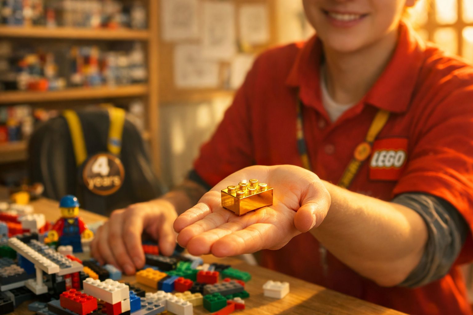 Pessoa segurando bloco dourado de LEGO em loja com peças coloridas ao fundo.