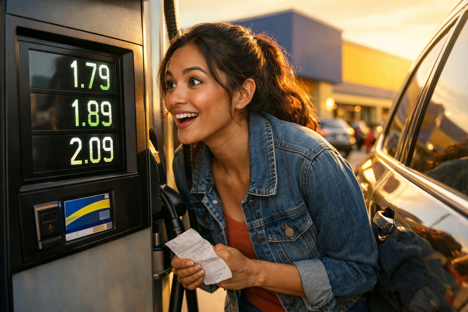 Mulher feliz conferindo valores do combustível em posto enquanto segura nota fiscal junto ao carro preto.