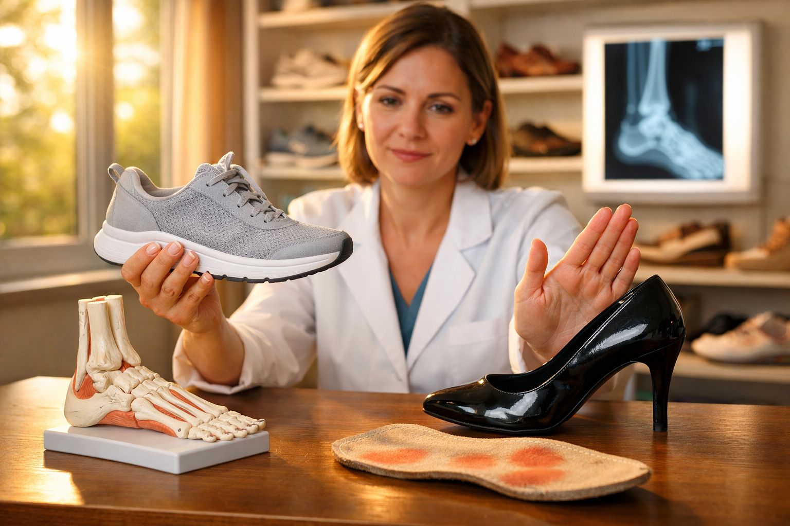 Mulher especialista em pés segurando tênis e recusando sapato de salto em consultório ortopédico.