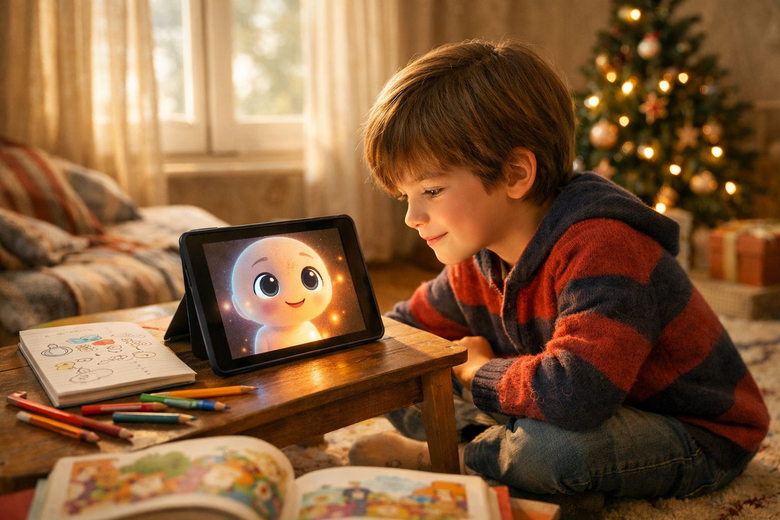 Menino sentado no chão assistindo desenho animado em tablet com árvore de Natal ao fundo.