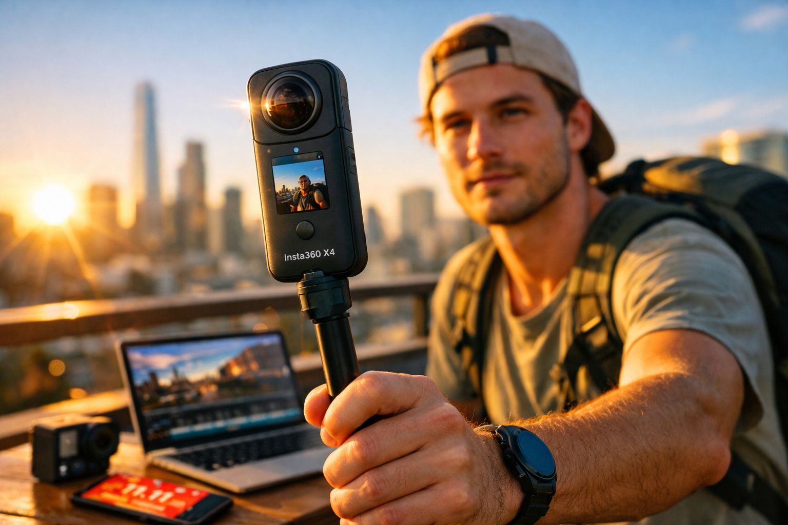 Homem com boné grava vídeo com câmera Insta360 X4 ao pôr do sol na cidade, com laptop ao fundo.