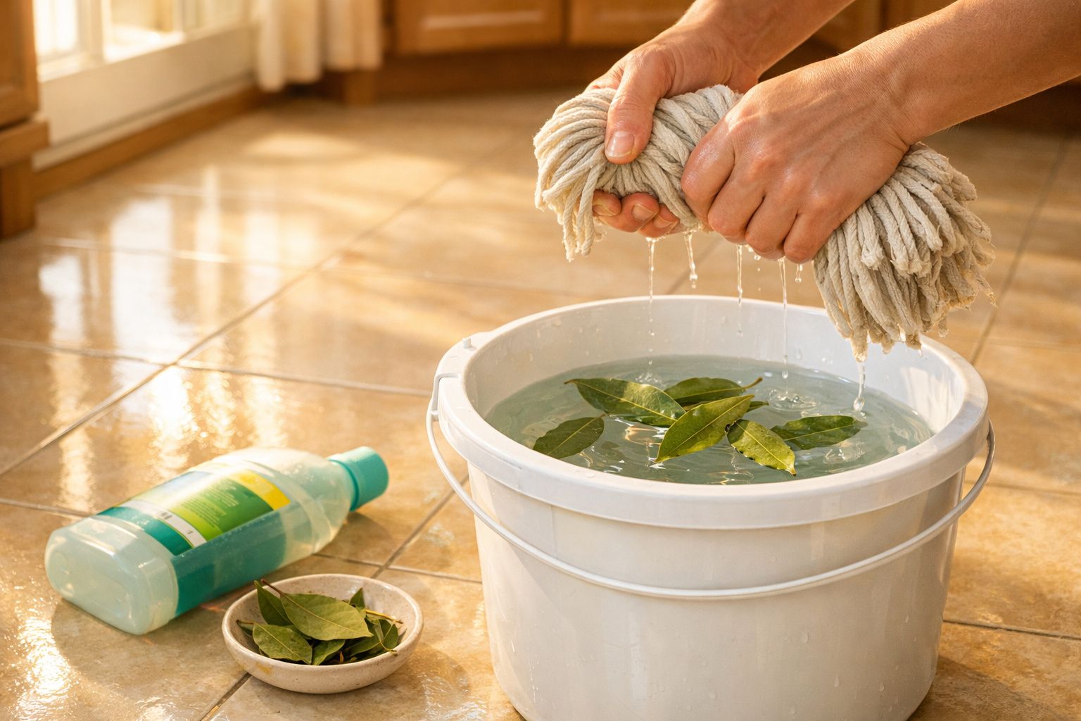 Mãos espremendo esfregão sobre balde branco com água e folhas, com garrafa de limpador no chão.