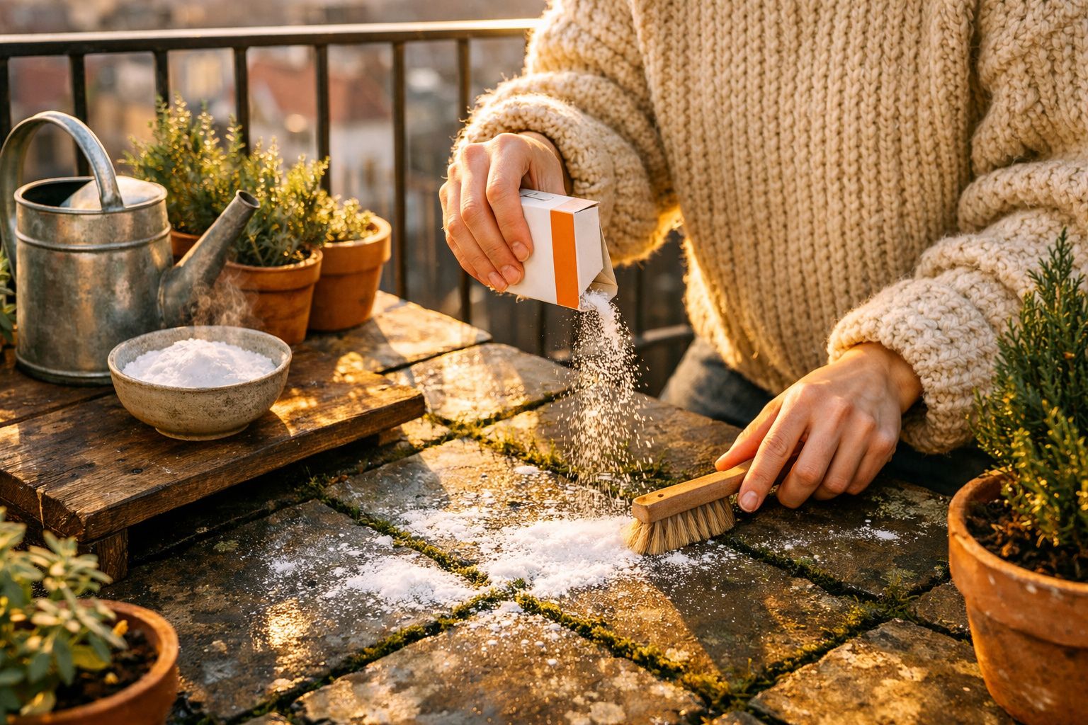 Pessoa aplicando sal grosso nas pedras de um jardim para limpeza, com plantas e regador ao redor.