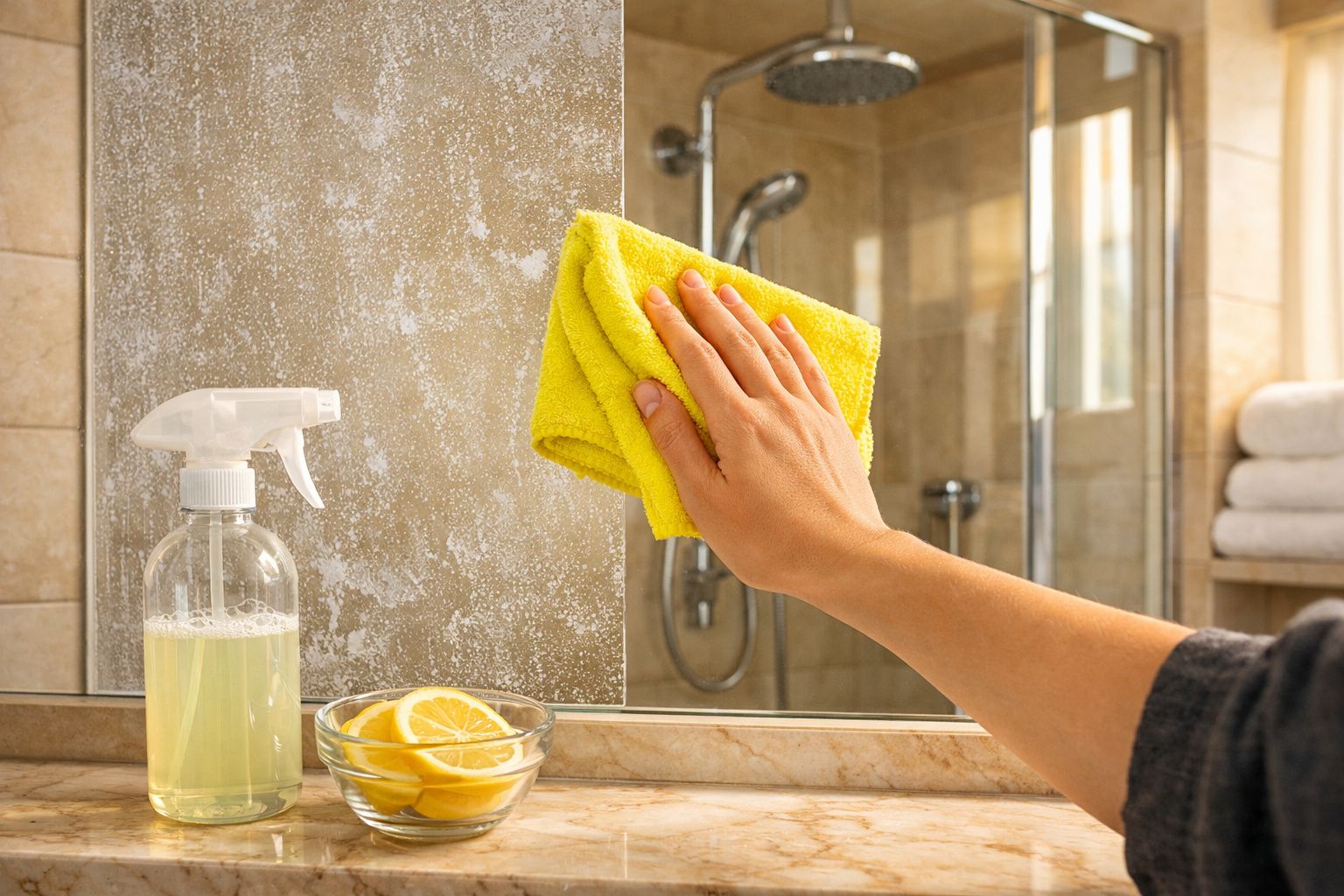 Mão limpando espelho do banheiro com pano amarelo e spray caseiro de limpeza ao lado, com fatias de limão.