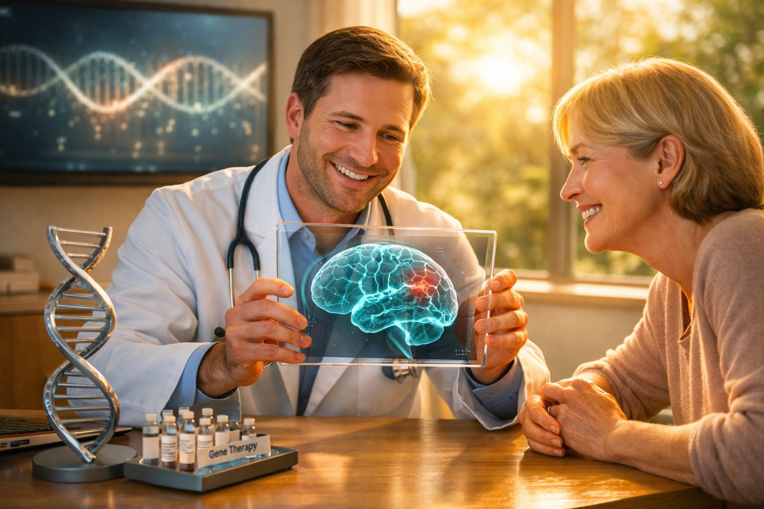 Médico segurando imagem digital de cérebro mostrando lesão para paciente idosa em consultório iluminado.