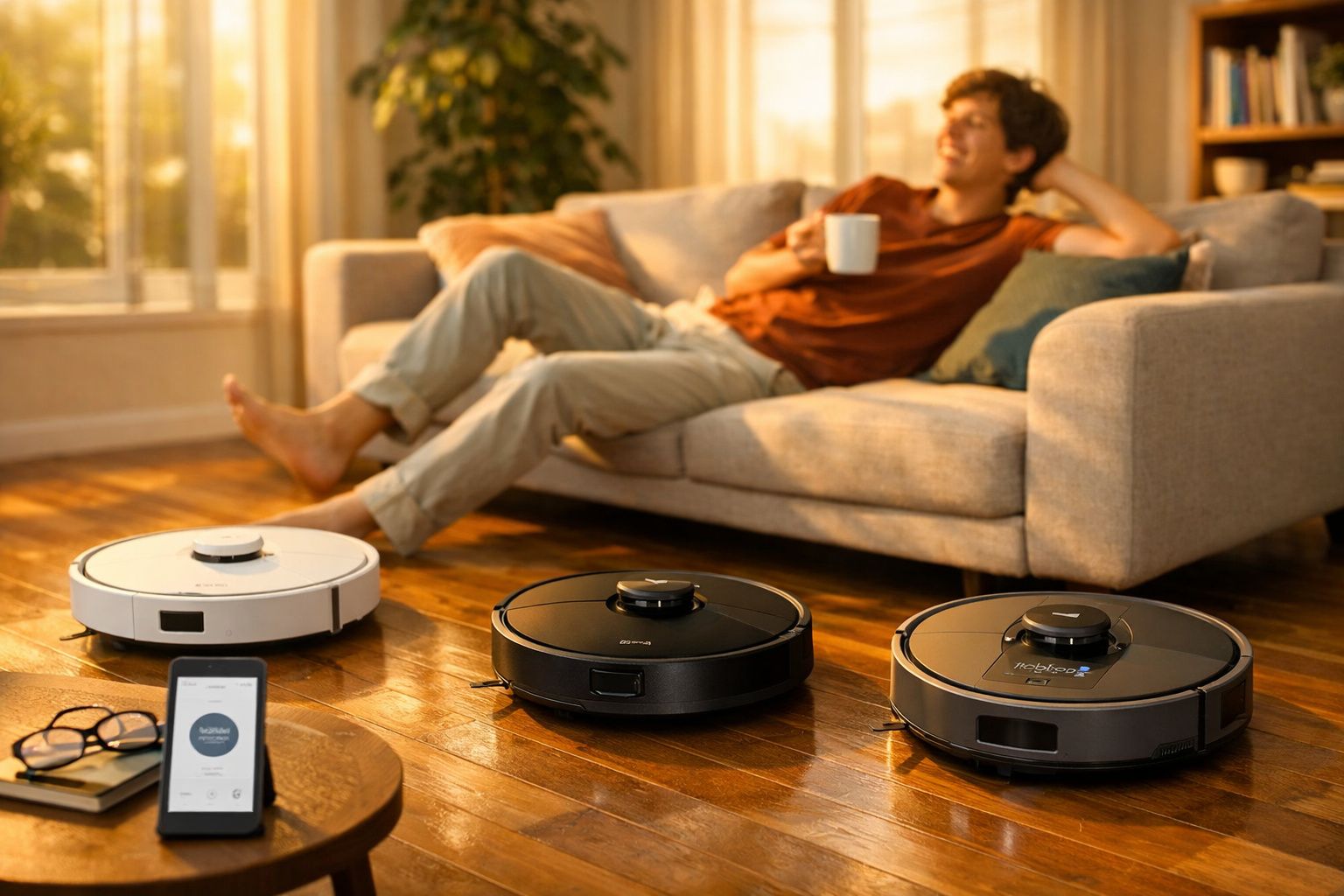 Homem relaxando no sofá com xícara enquanto três robôs aspiradores limpam o chão de madeira.