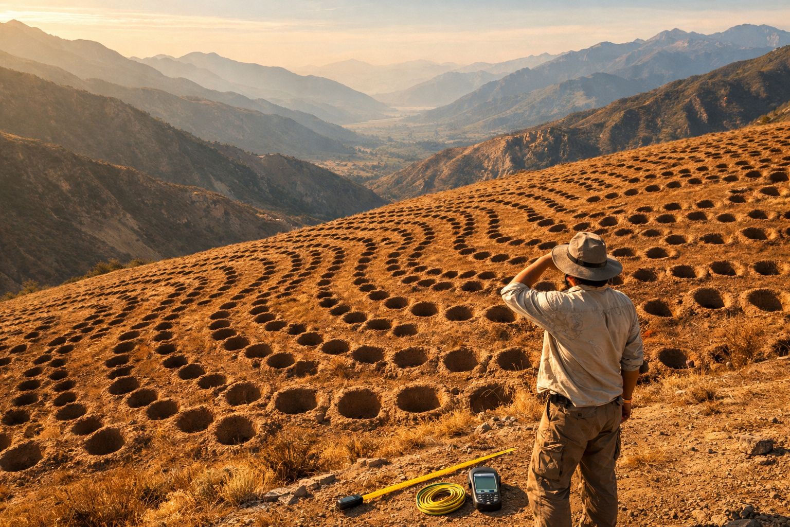 Homem observa campo montanhoso com buracos em padrão circular ao pôr do sol.