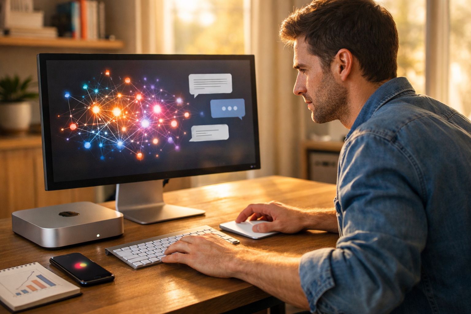 Homem usando computador em mesa de madeira com gráficos coloridos e balões de conversa na tela.