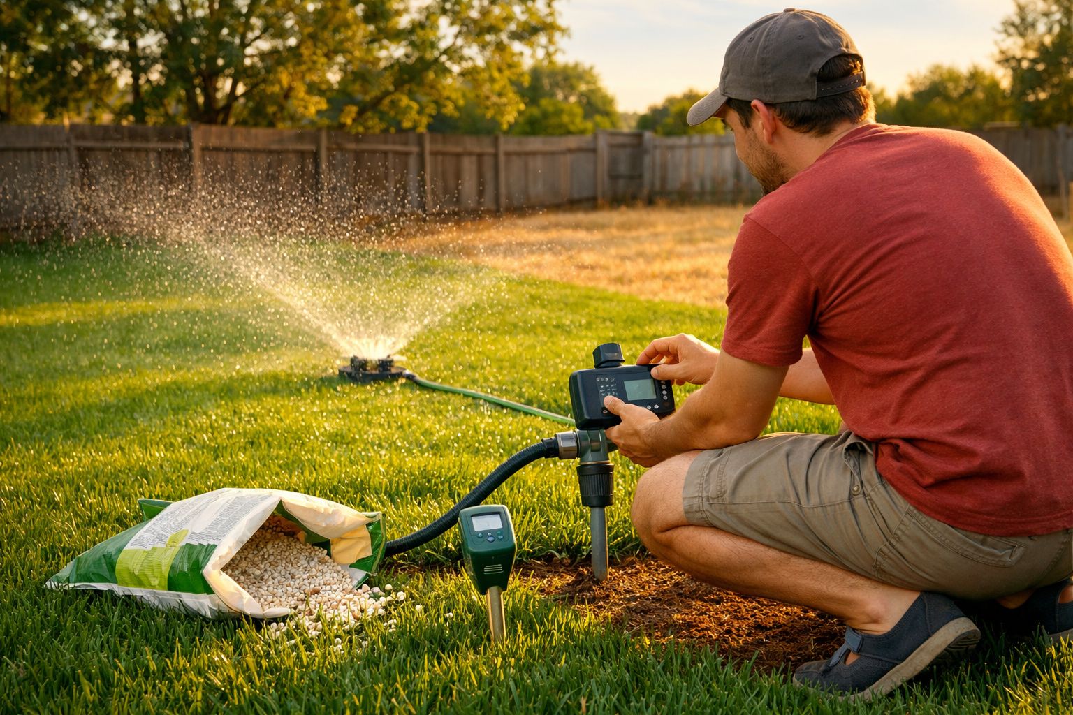Homem ajusta sistema automático de irrigação em jardim gramado com gramado e saco de adubo aberto ao lado.