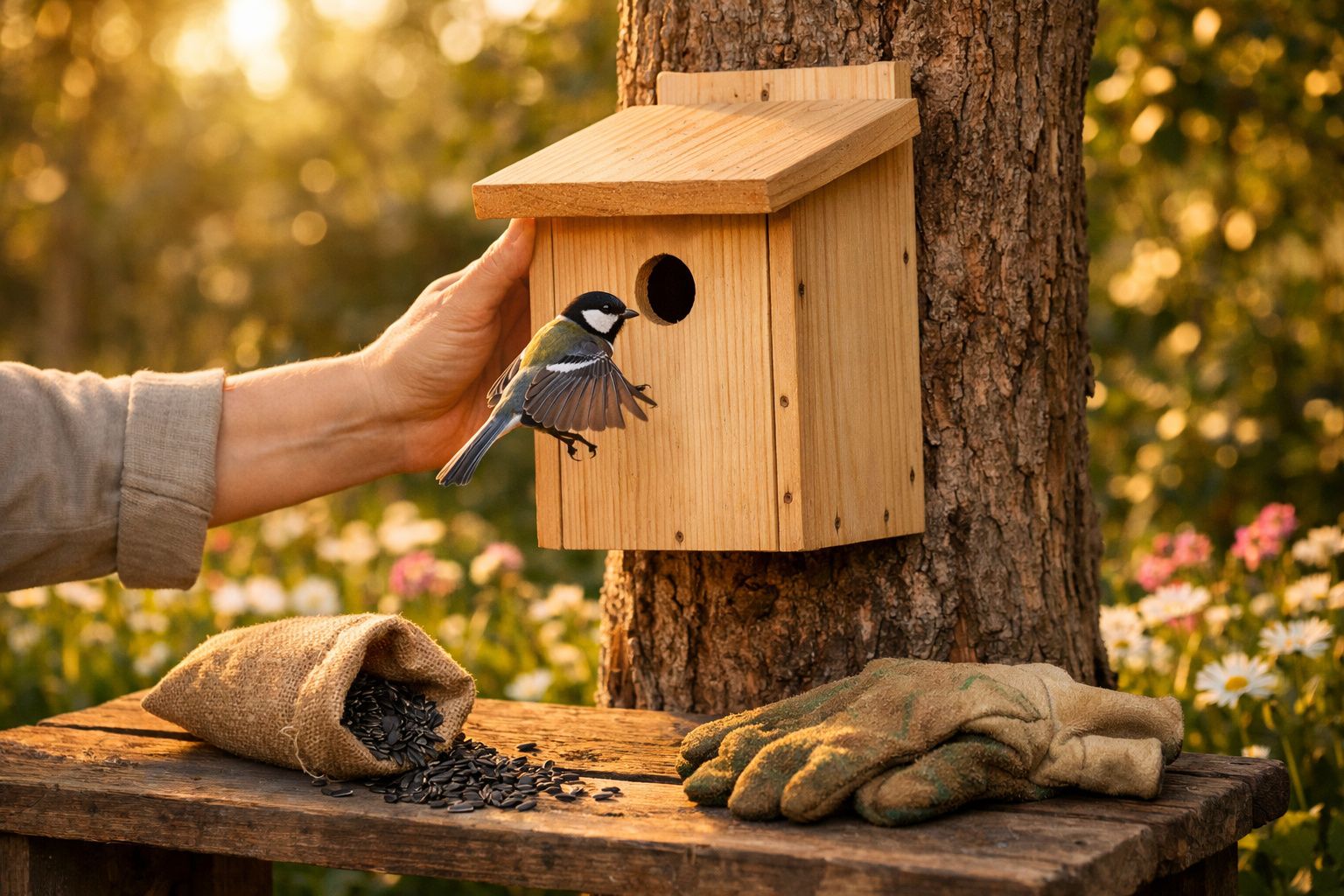Pássaro voando em direção a uma casinha de madeira presa a uma árvore em ambiente natural.