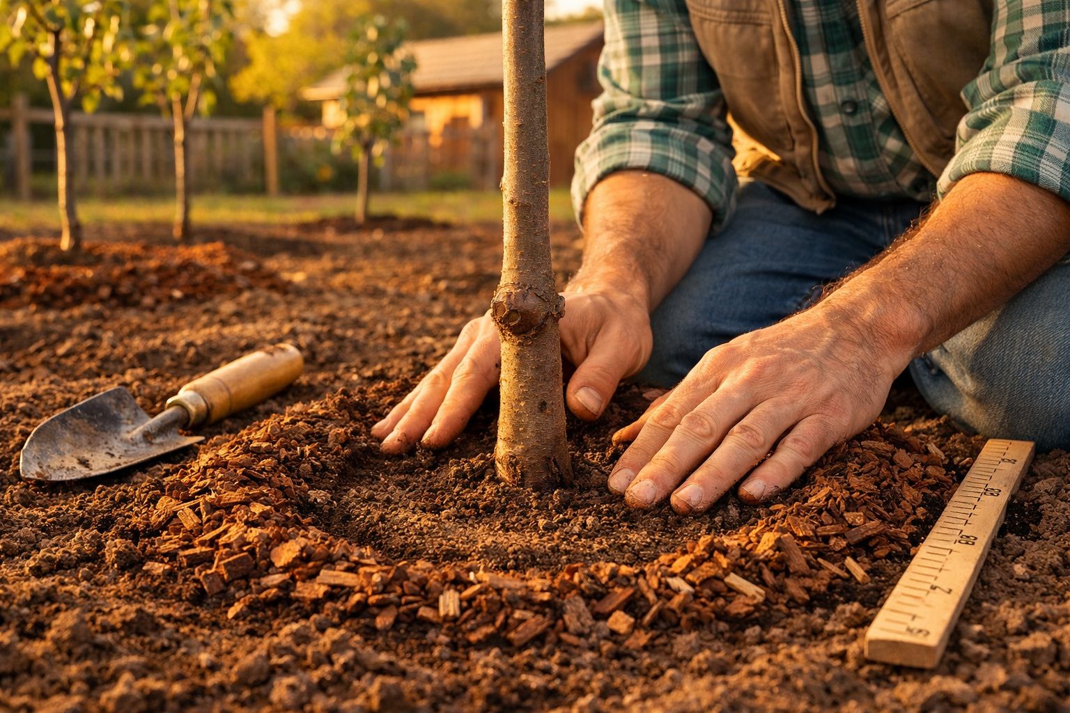 Pessoa plantando árvore jovem em solo com ferramenta de jardim e régua ao lado em ambiente ao ar livre.