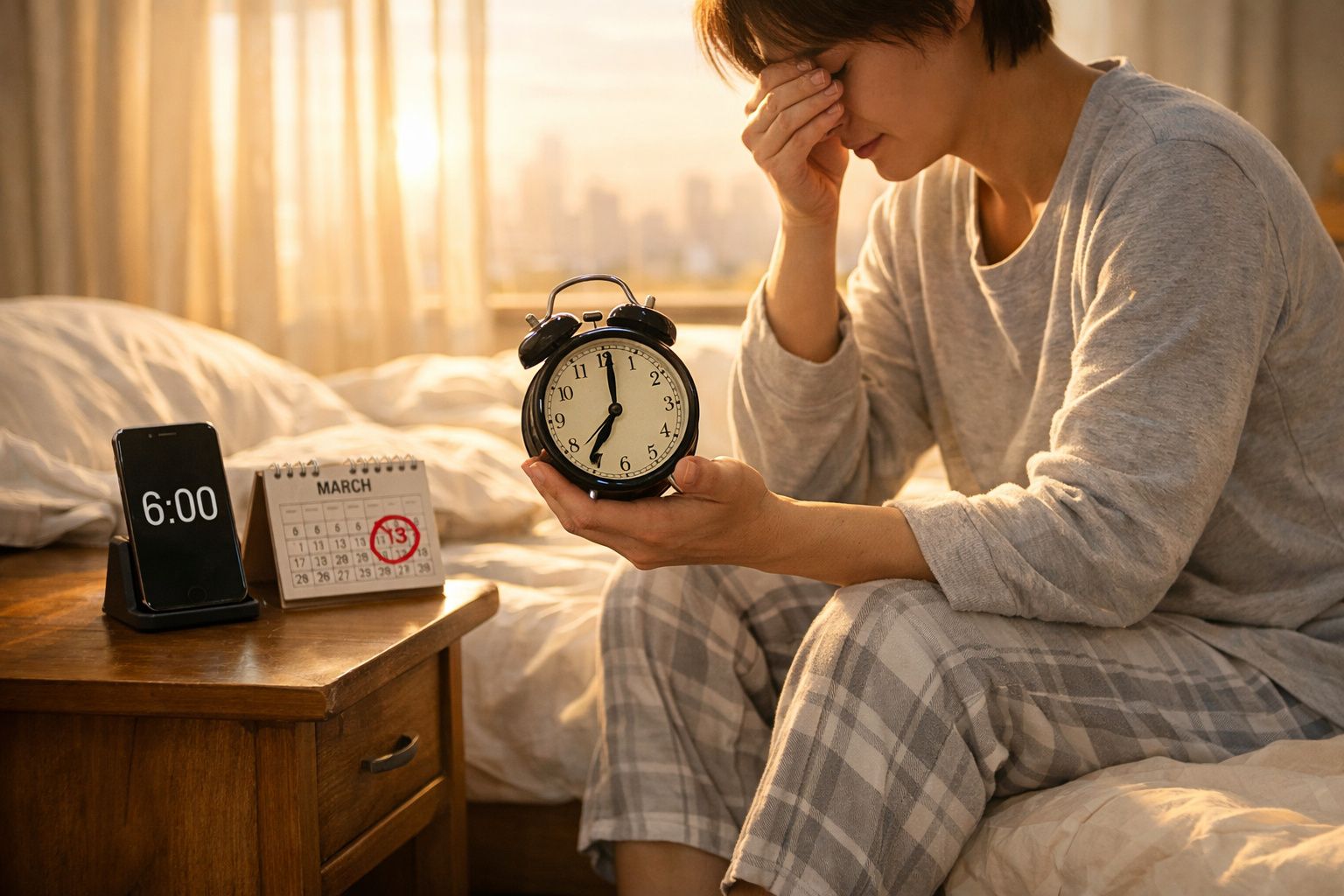 Pessoa sentada na cama em pijama, segurando relógio despertador e aparentando cansaço ao acordar cedo.