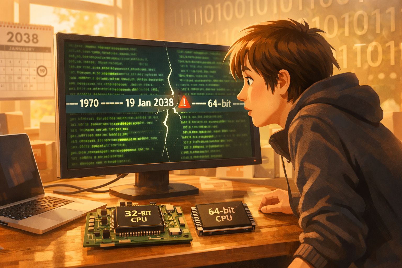 Jovem observa tela de computador com código e falha técnica entre CPUs de 32-bit e 64-bit.