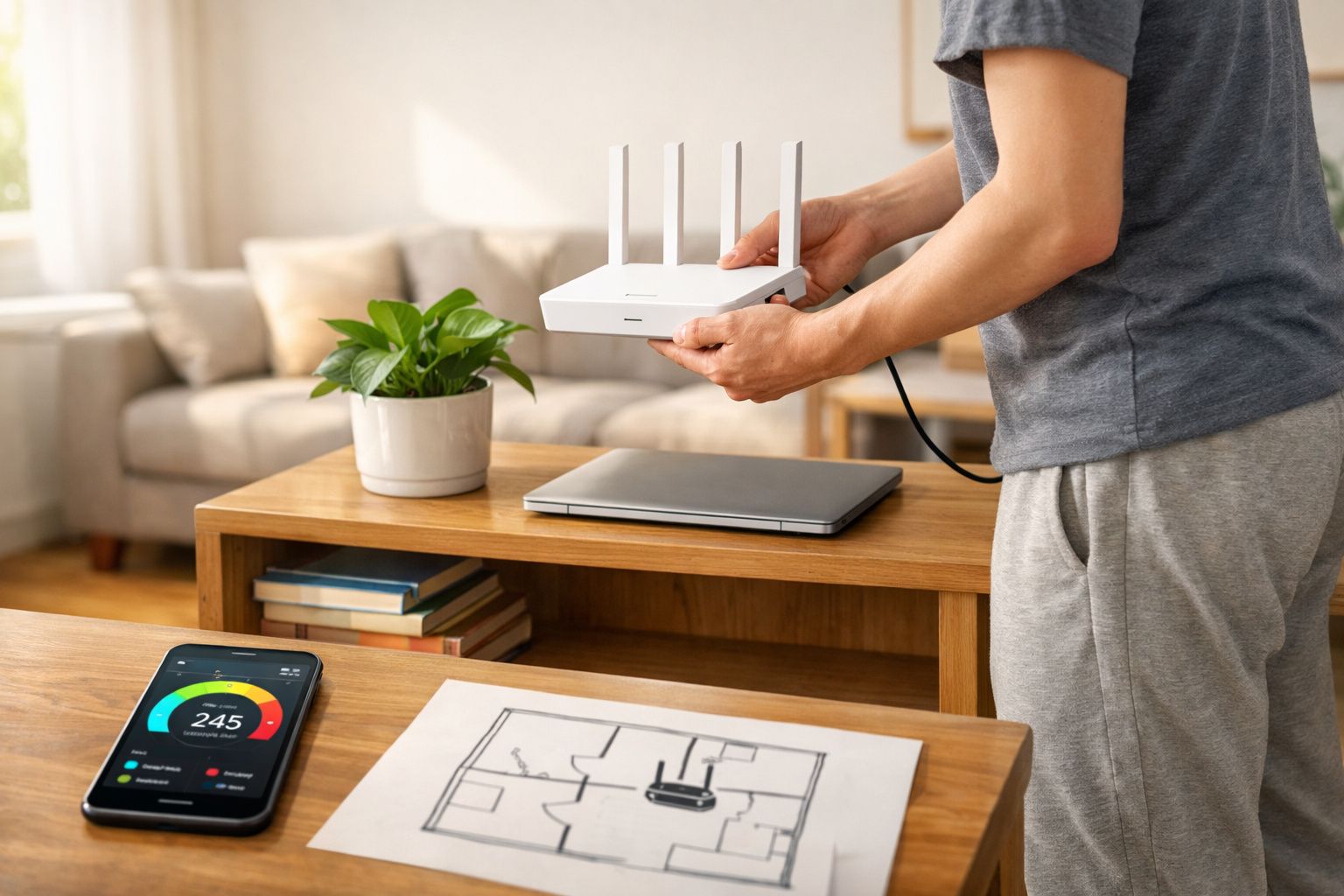 Pessoa segurando roteador Wi-Fi branco sobre mesa com planta, notebook fechado e smartphone exibindo medidor de sinal.